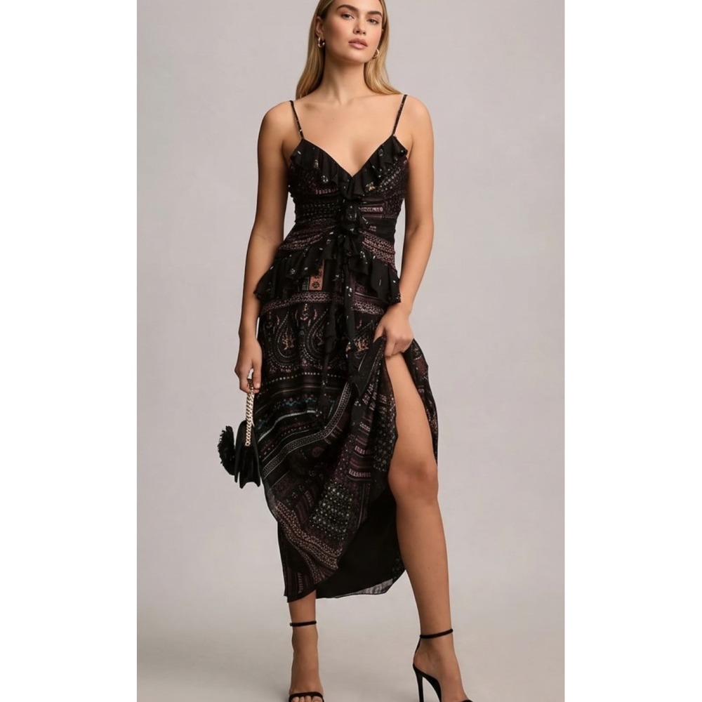 Anthropologie Let Me Be Midi Dress Size Small Black Ruffle Cocktail Feminine EUC